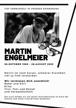 Parte mit einem Bild von Martin Engelmeier und dem Text „Martin Engelmeier, 26. Oktober 1966 – 26. August 2025, Martin ist nach kurzer schwerer Krankheit viel zu früh verstorben. …“