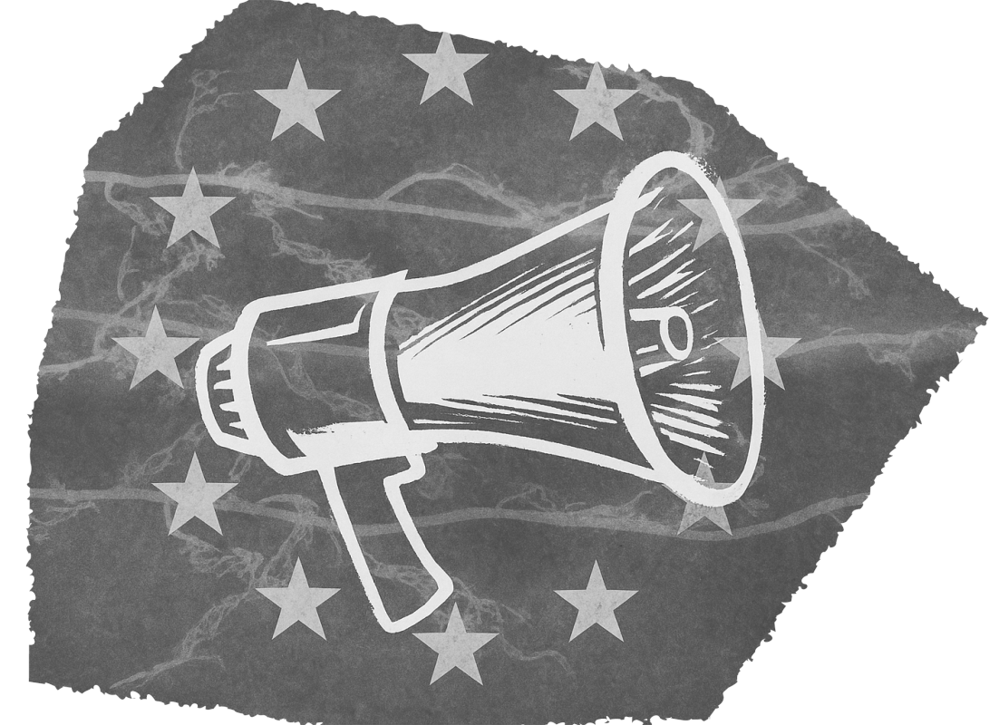 Zeichnung eines Megafons vor einer EU-Flagge (kreisförmig angeordnete Sterne auf dunklem Hintergrund)