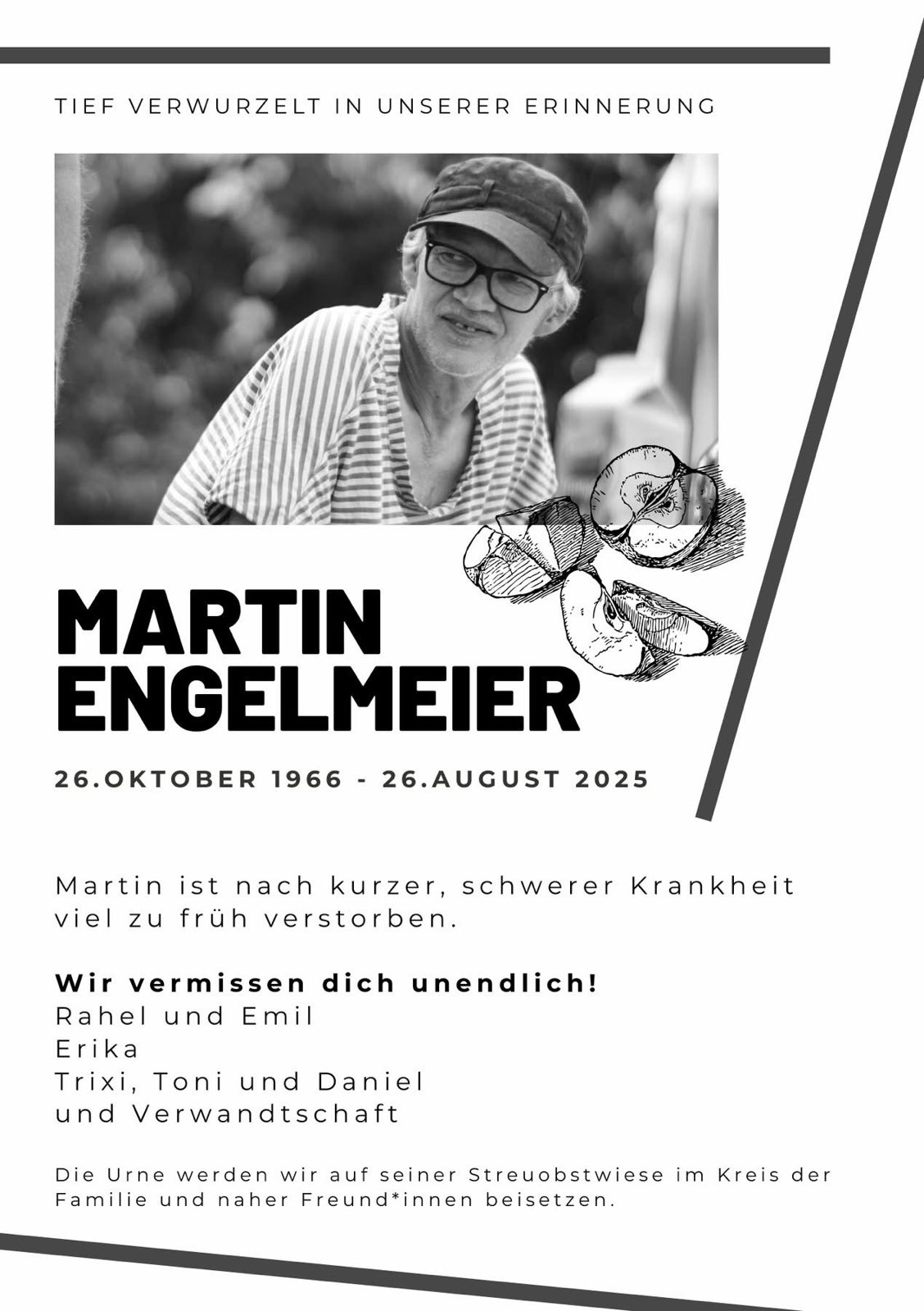 Parte mit einem Bild von Martin Engelmeier und dem Text „Martin Engelmeier, 26. Oktober 1966 – 26. August 2025, Martin ist nach kurzer schwerer Krankheit viel zu früh verstorben. …“
